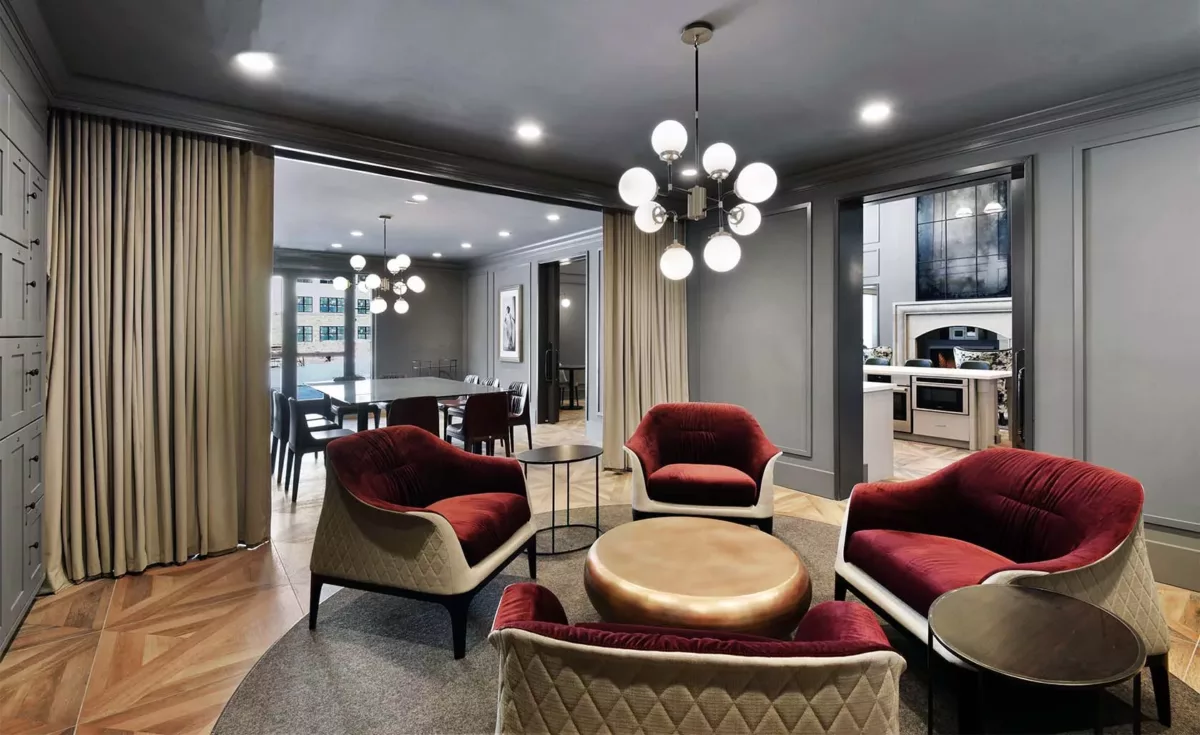 Dining room and wine storage at Carraway apartments