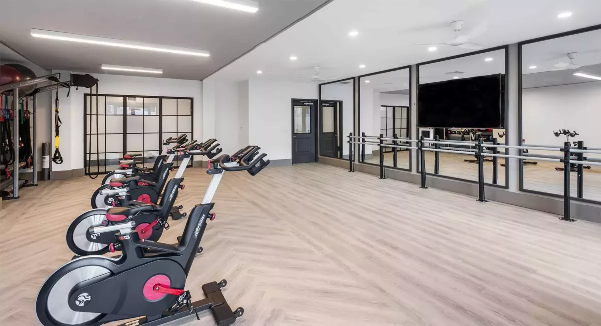 Fitness studio space with exercise bikes